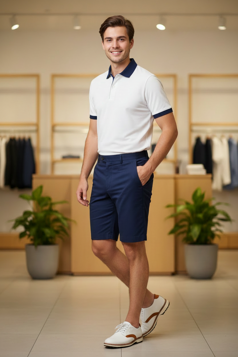 Men's White Polo Navy Shorts No Socks