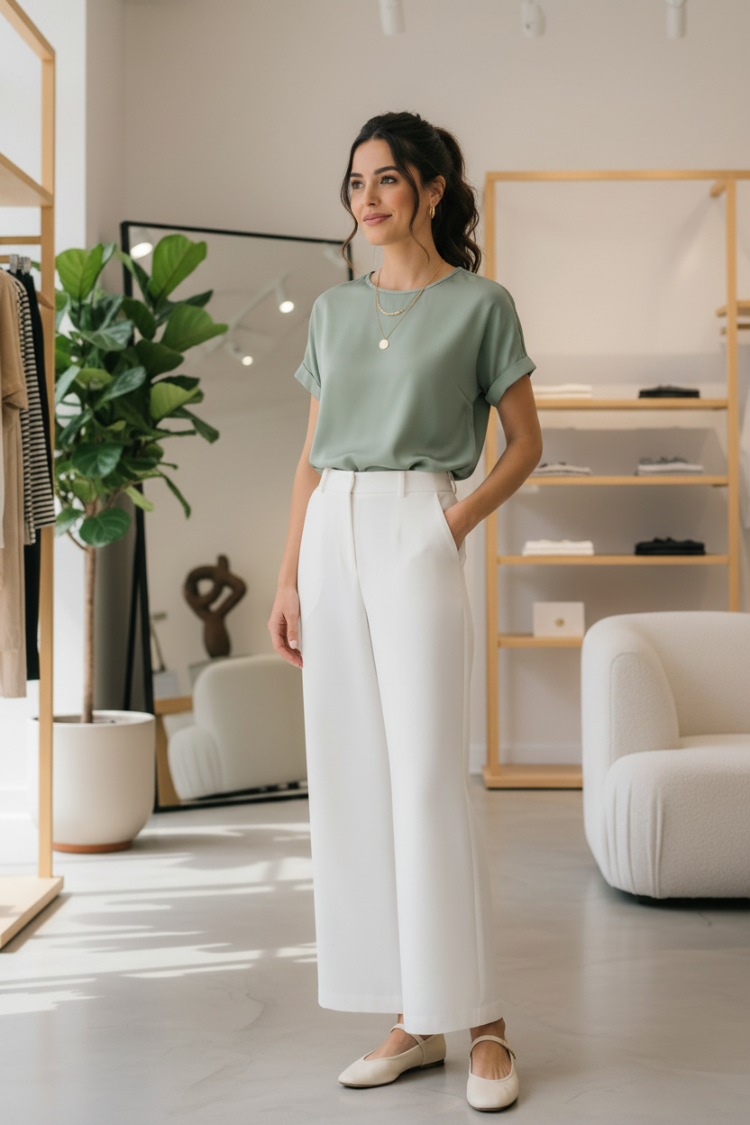 Sage Blouse White Pants Narrow