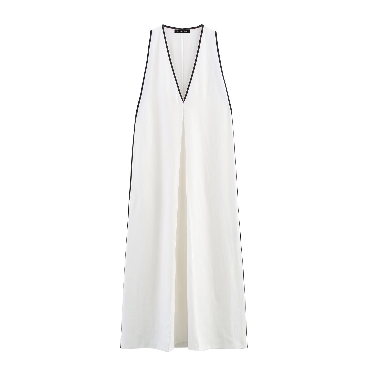 Women Clothing Summer Simple V neck Trim Linen Blend Dress
