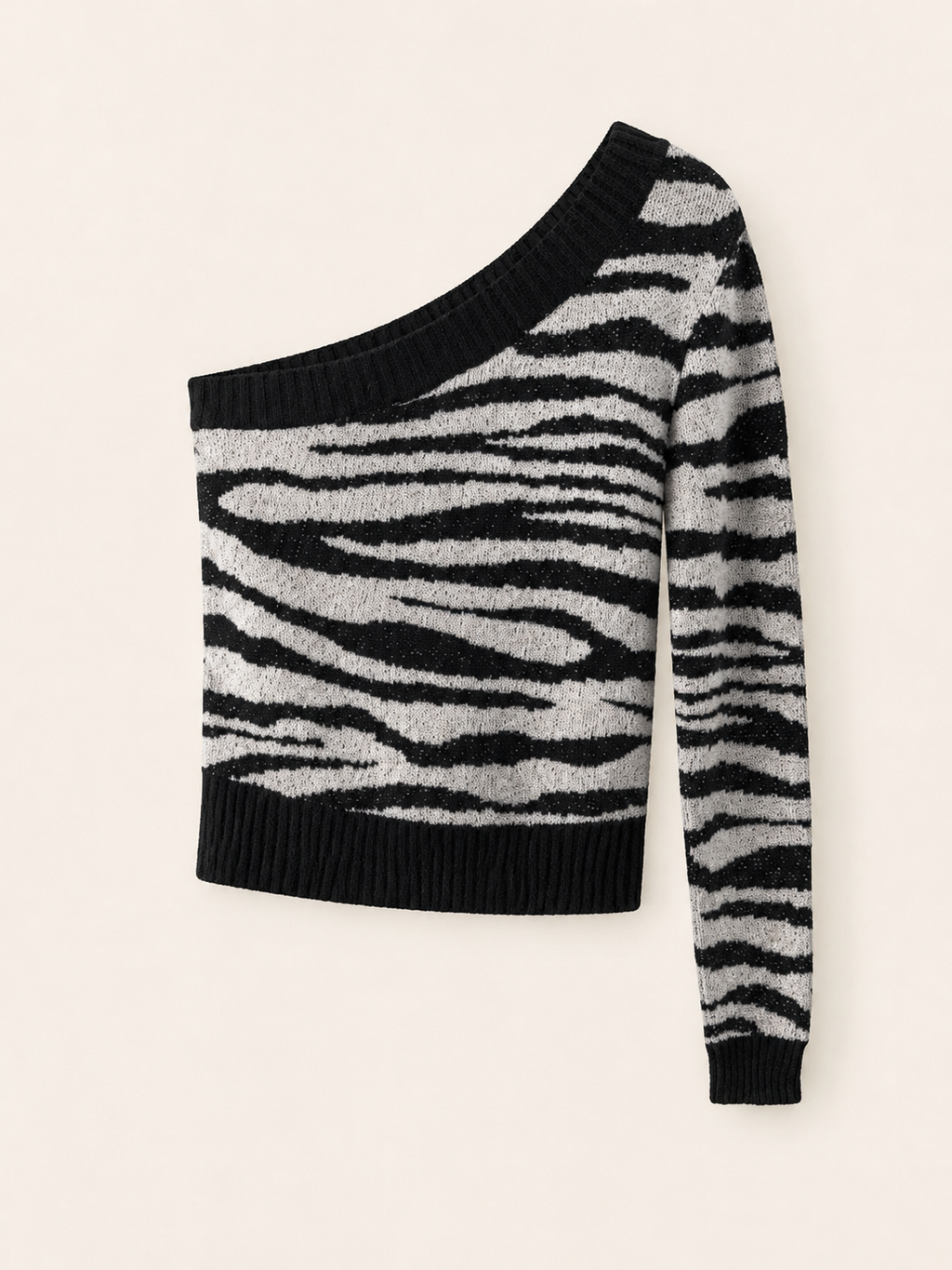 Zebra Print One-Shoulder Sweater