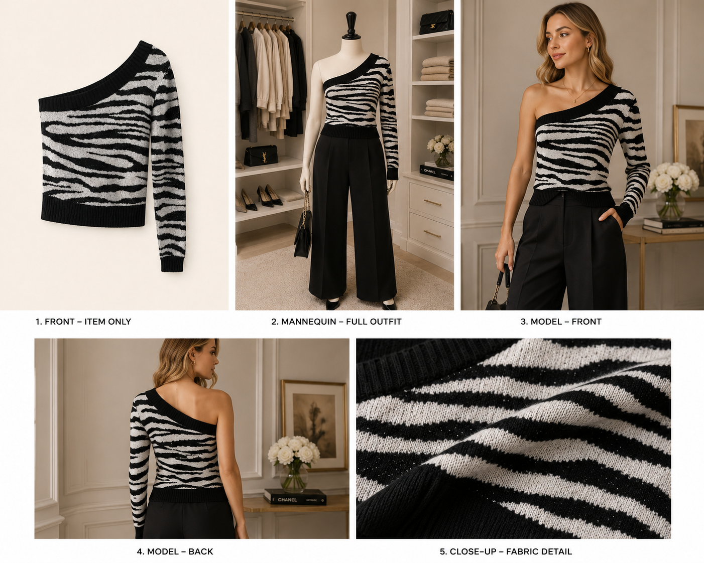 Zebra Print One-Shoulder Sweater